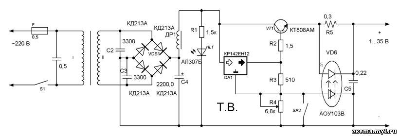 Схема регулируемого блока питания с защитой от кз