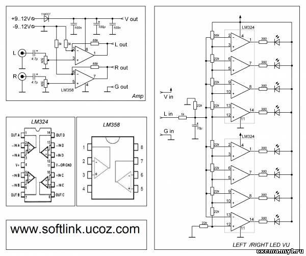 Схема индикатора уровня сигнала ЗЧ на микросхемах LM3915