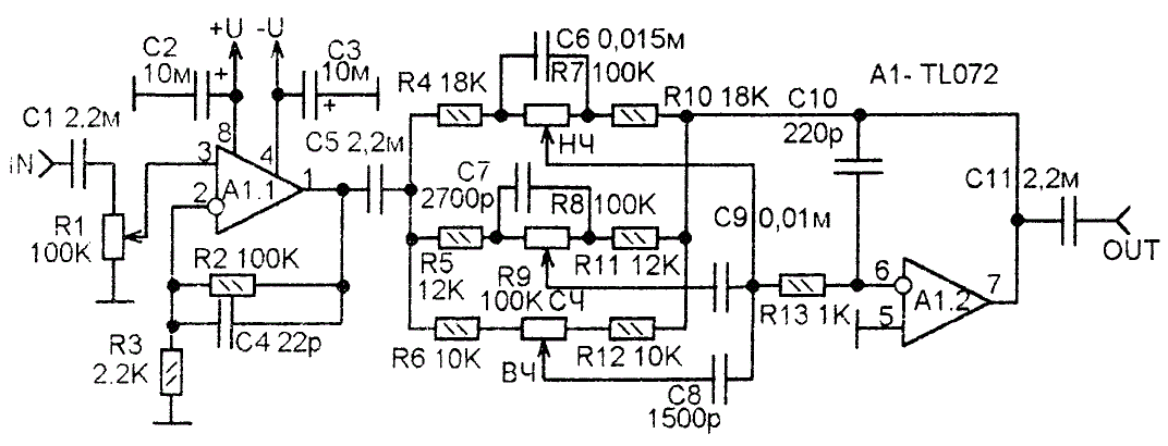 DIY preamplifier on NE5532 chip. Schematic and Komitart LAY6.