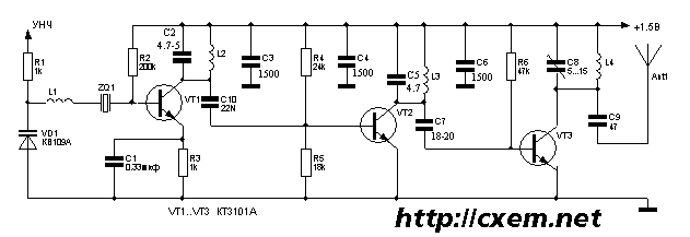 Схема кварцевого ЧМ передатчика с высоким КПД на 418
8 MHz